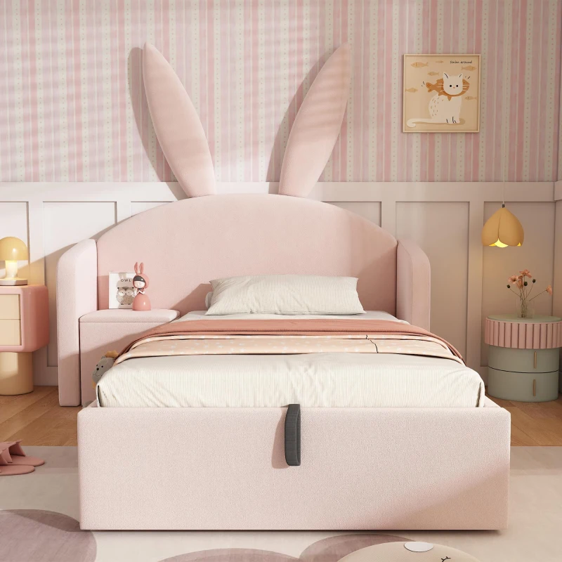 Bunny Ears Children's Upholstered Bed Frame with Hydraulic Storage, Rose Velvet Kids Bed with Thick Padded Headboard, 206L x 149W x 143H cm, Rose