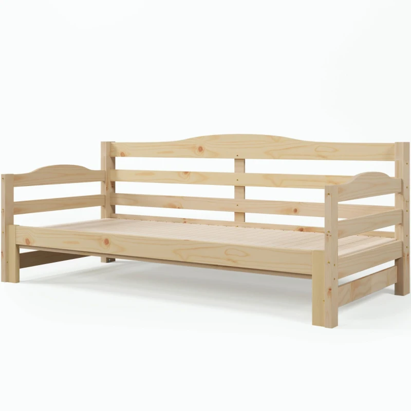 Stylish Cabin Bed with Pull-Out Trundle and Practical Storage, Natural Finish Wooden Bed Frame with MDF Slatted Base, 196L x 187W x 73H cm, Natural