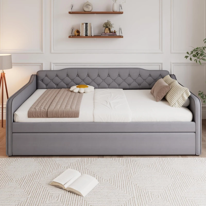Space-Saving Upholstered 4ft6 Double Daybed with Pull-Out Trundle, Versatile Sofa Bed with Thick Foam Padding, 202L x 139.5W x 81.5H cm, Grey