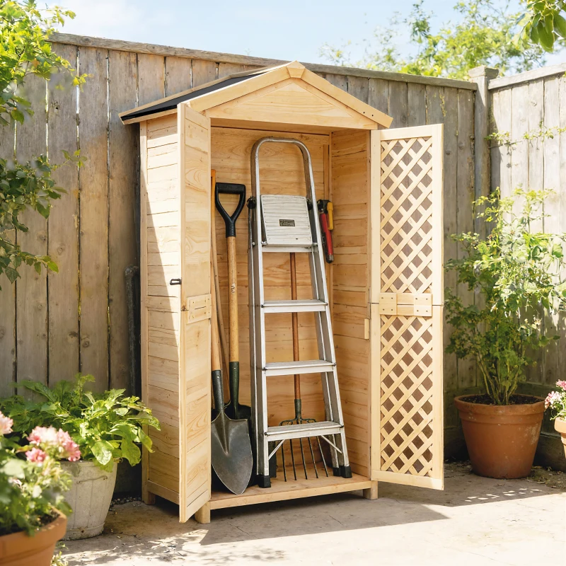 Outsunny Armario de Exterior de Madera con Techo Inclinado Asfalto 2 Puertas con Pestillo 2 Estantes 101,5x49x176 cm Natural