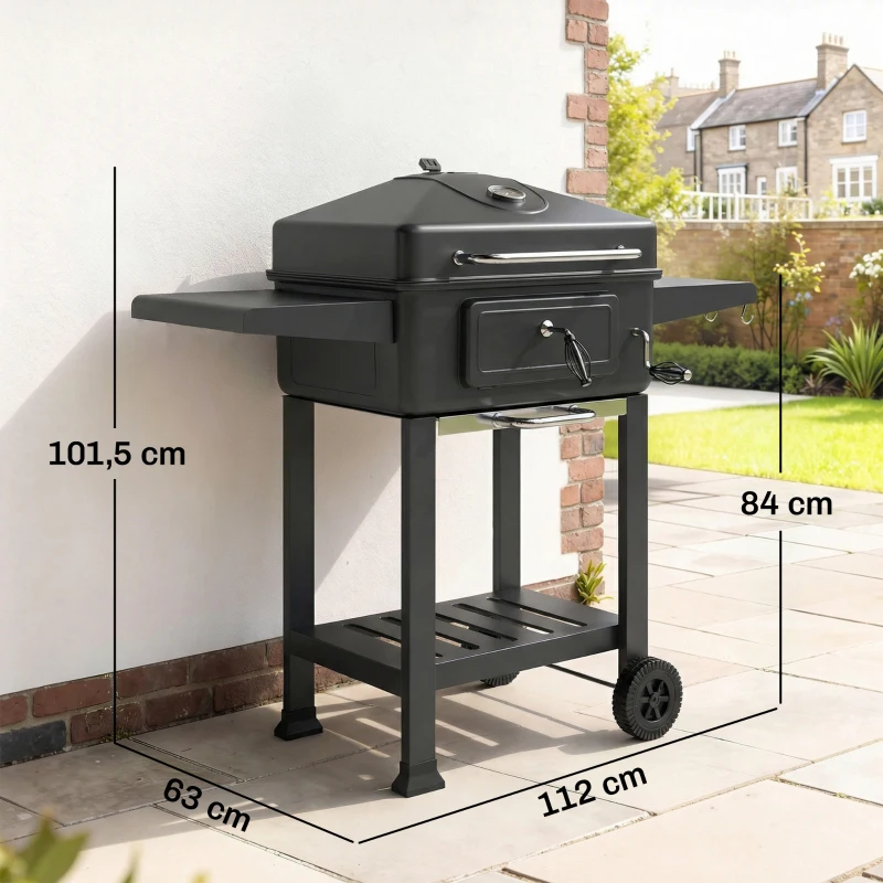 Outsunny Grelhador de Carvão com Bandeja e Ventilação Ajustável Prateleiras Laterais Rodas Termómetro Tampa e Porta 112x63x101,5 cm Preto