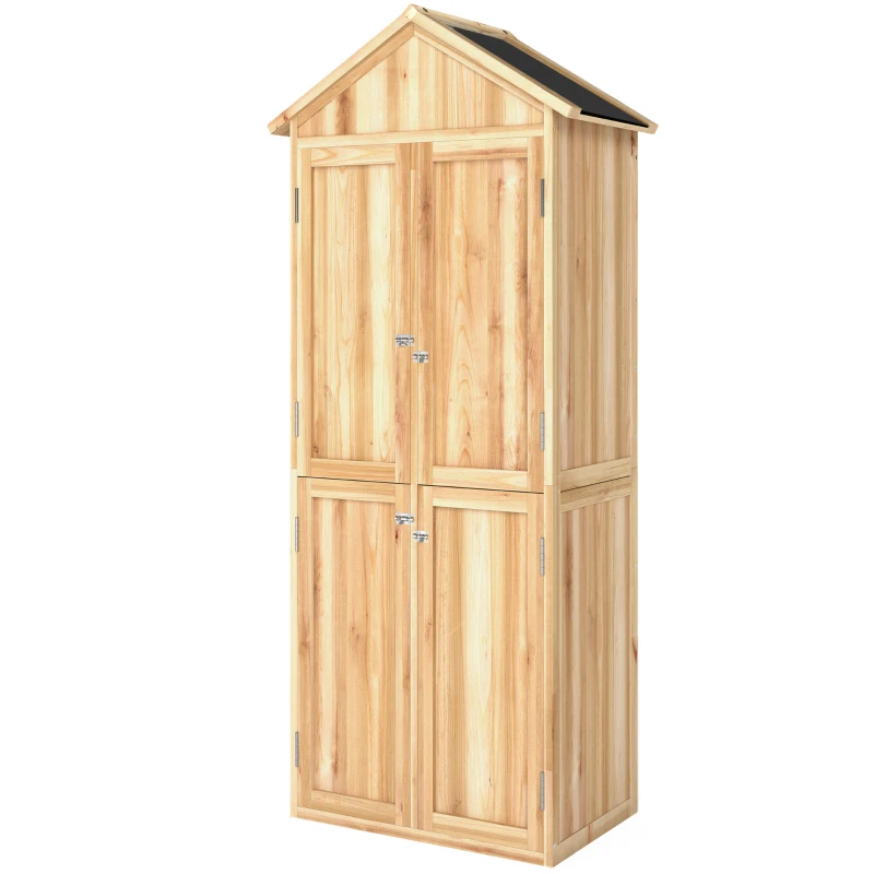 Outsunny Armario de Exterior de Madera con Techo Inclinado Asfalto 4 Puertas y 2 Estantes Extraíbles 82x50x190 cm Natural
