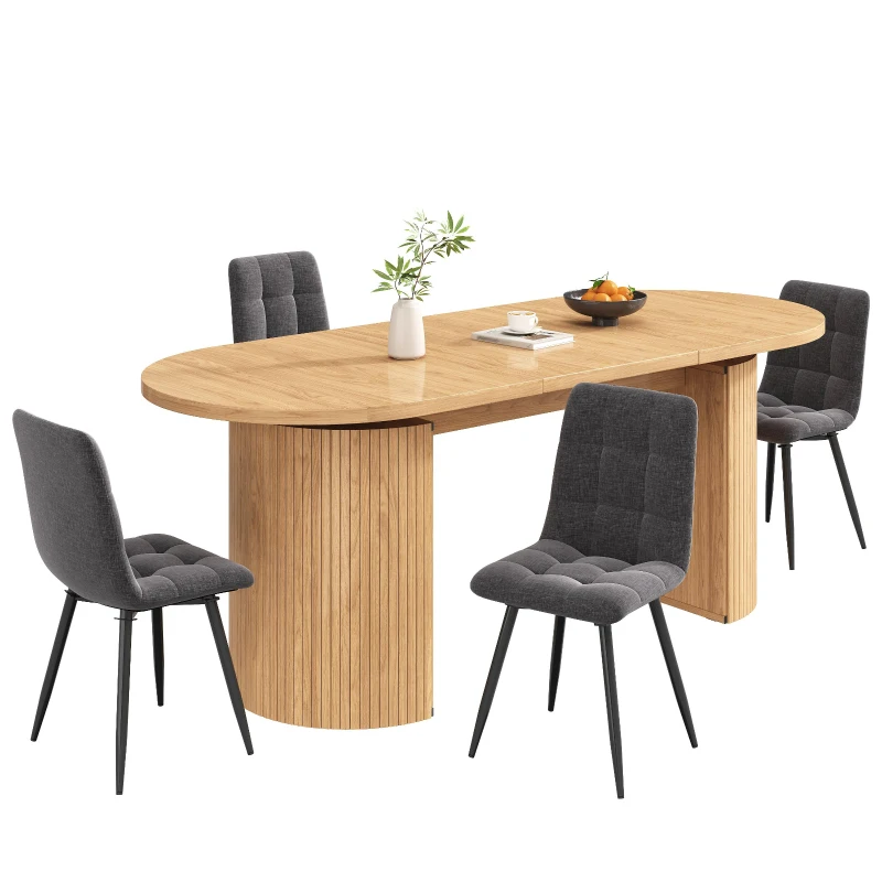 Extendable Dining Table with Vertically Grooved Legs, Space-Saving Dinner Table with Storage Compartment, 160L x 80W x 76H cm, Natural Wood