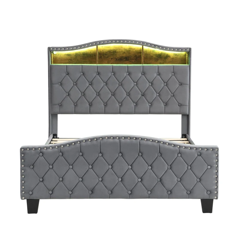 Upholstered 4ft6 Double Bed with Built-in Bedside Storage, Sturdy Storage Bed with Colourful LED Light Strip, 210L x 140.5W x 124H cm, Grey
