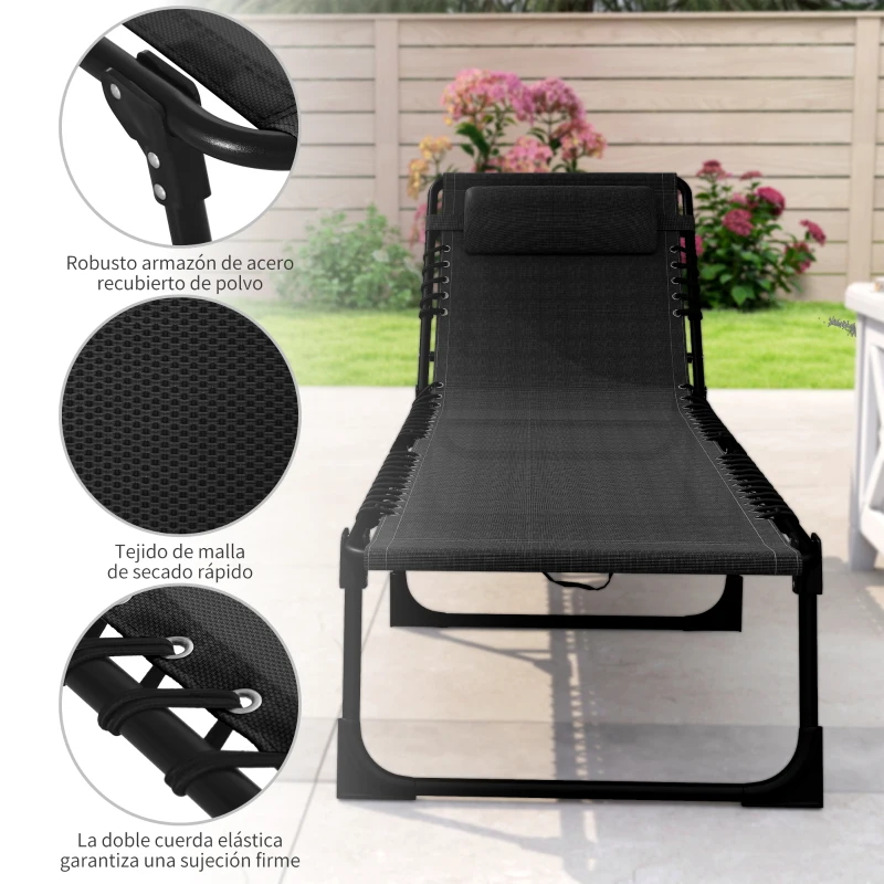 Outsunny Tumbona Plegable Ajustable de 4 Posiciones con Sistema de Cordones para Exterior Marco Acero 189x58x30 cm Negro