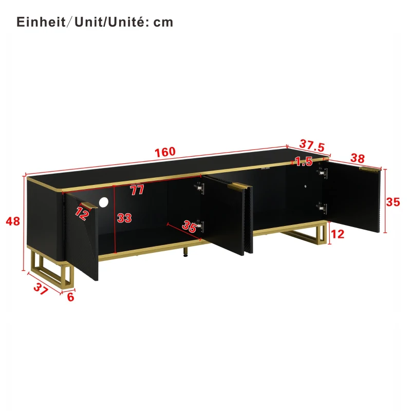 Modern TV Cabinet with 4 Geometric Embossed Doors and Open Top Shelf, Spacious TV Stand with Hidden Storage, 160L x 37.5W x 48H cm, Black
