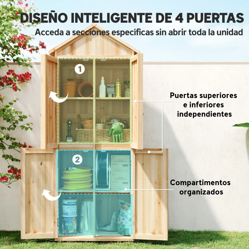 Outsunny Armario de Exterior de Madera con Techo Inclinado Asfalto 4 Puertas y 2 Estantes Extraíbles 82x50x190 cm Natural