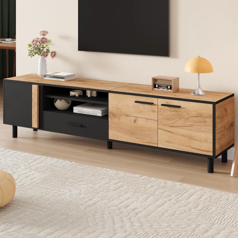 Modern 180cm TV Stand with Ample Concealed Storage, Low-Profile Entertainment Centre for TVs up to 80 Inches, 180L x 32.5W x 50H cm, Black+Wood