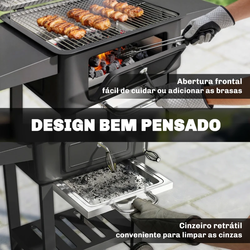 Outsunny Grelhador de Carvão com Bandeja e Ventilação Ajustável Prateleiras Laterais Rodas Termómetro Tampa e Porta 112x63x101,5 cm Preto