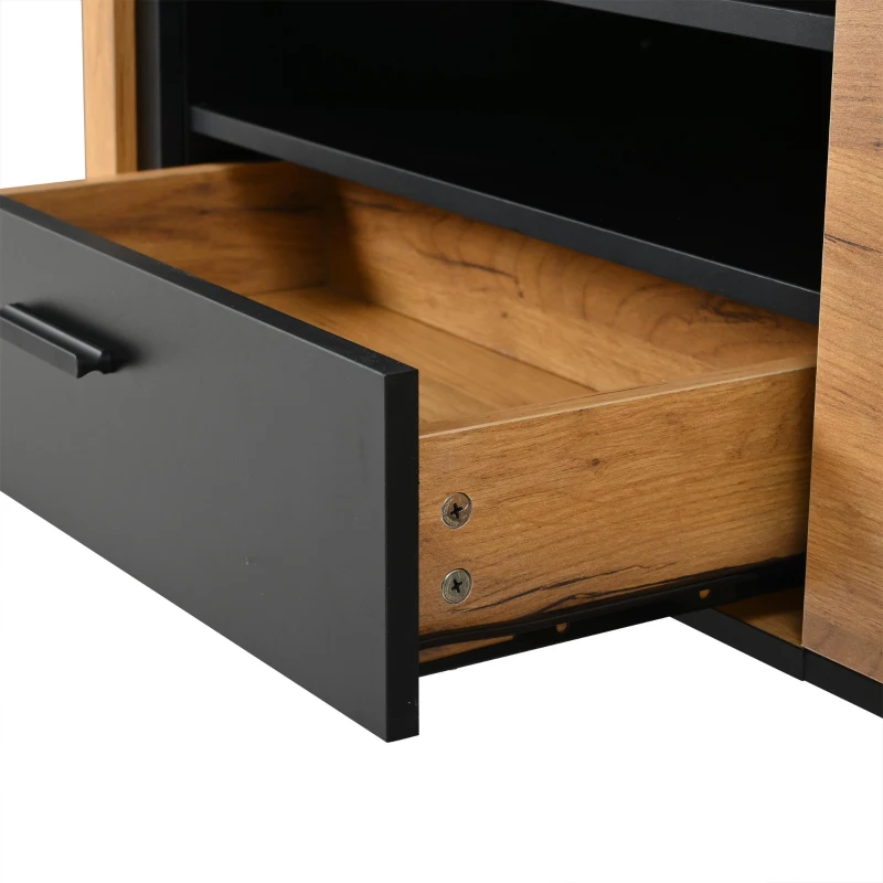 Modern 180cm TV Stand with Ample Concealed Storage, Low-Profile Entertainment Centre for TVs up to 80 Inches, 180L x 32.5W x 50H cm, Black+Wood