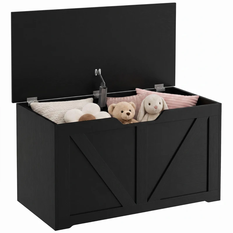 HOMCOM 100L Home Storage Box, with Safety Hinge - Black Wood-Effect