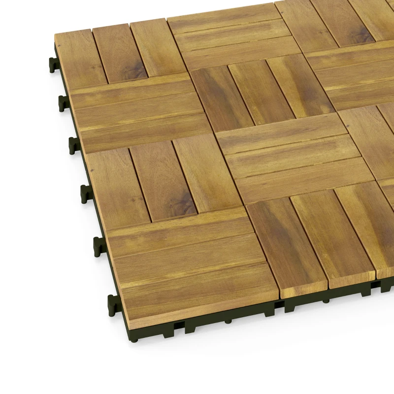 Outsunny Lot de 10 Caillebotis en Bois, Dalles Clipsables, Antidérapant, Résistants à Pourriture, Dalle Terrasse 31x31cm, Naturel