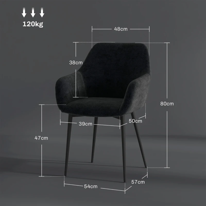 HOMCOM Set 2 Sedie per Sala da Pranzo Moderne con Braccioli, Seduta Imbottita e Gambe in Acciaio, 54x57x80cm, Nero