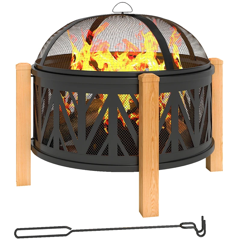 Outsunny 2-in-1 Vuurschaal Ø75 x 58 cm Vuurhaard met Vonkbescherming Vuurhaak Grillrooster Zwart