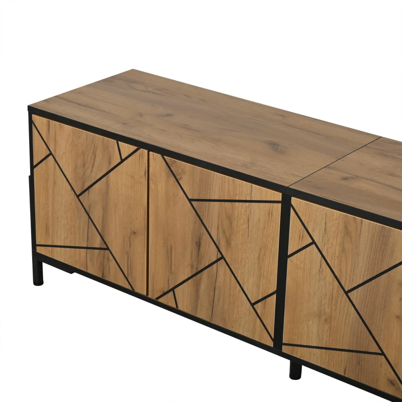 Geometric Wood TV Stand with Bold Geometric Doors, Modern Industrial Unit with Adjustable Shelves, 153L x 40W x 50H cm, Rustic Brown