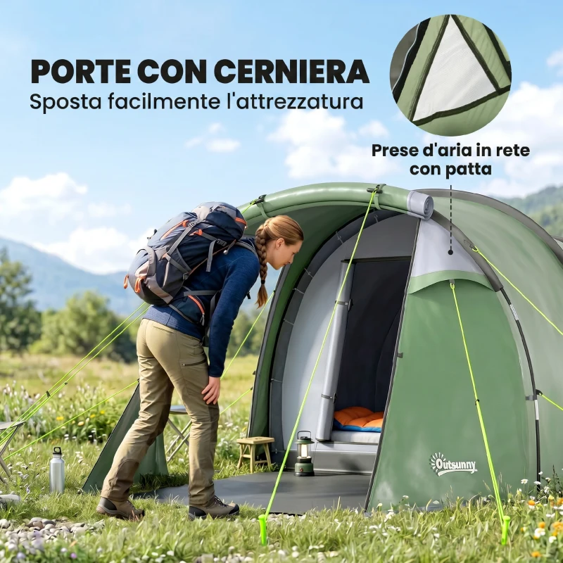 Outsunny Tenda da Campeggio 2 Posti con Telo Impermeabile e Porte con Cerniera, 426x206x15 cm, Verde Scuro
