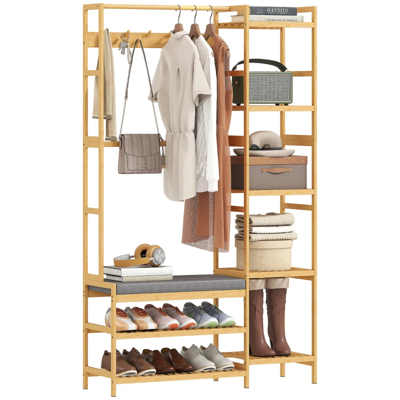HOMCOM Meuble d'entrée en bambou, vestiaire d'entrée, banc, assise rembourrée, 10 crochets, tringle, 104x33x175cm, naturel