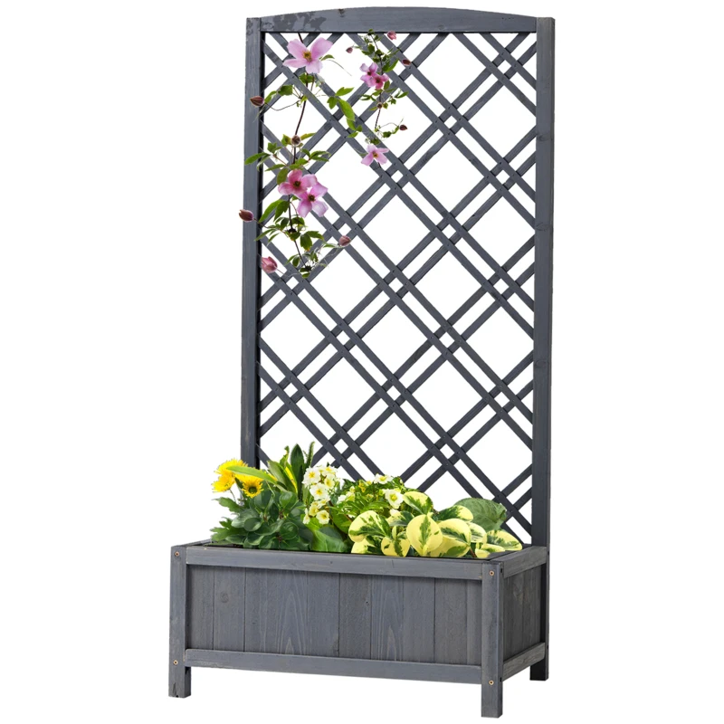 Outsunny  Hochbeet Blumenständer Garten Pflanzkasten mit Rankgitter Holz Rankkasten Grau 60 x 30 x 122,5 cm