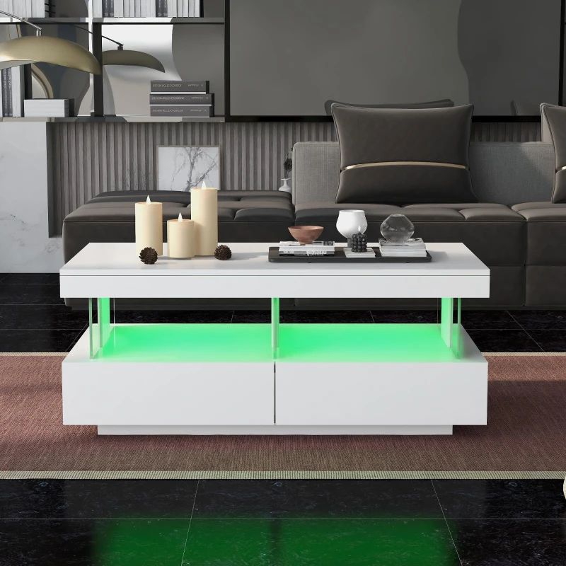 High-Gloss LED Coffee Table with App-Controlled Lights, Modern Center Table with Sleek Contemporary Design, 100L x 60W x 49.5H cm, White
