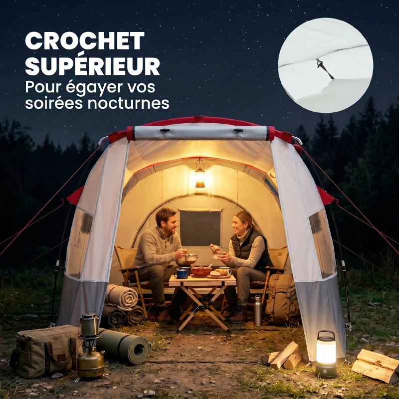 Outsunny Tente de camping familiale 3 personnes, tente tunnel imperméable, portes + fenêtres, 5,1 x 2,4 x 1,8 cm, gris clair