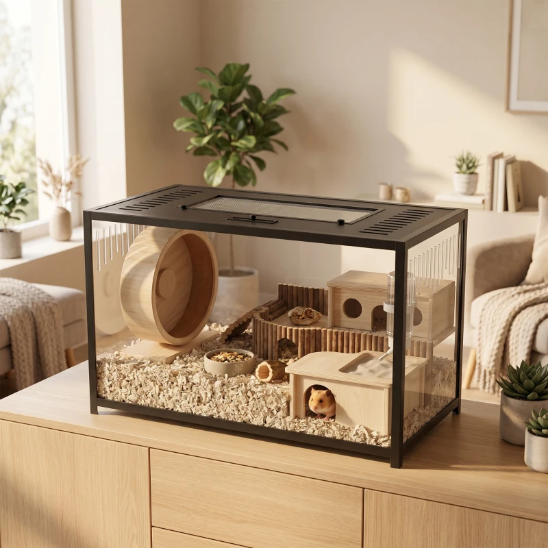 PawHut Cușcă pentru hamster din acrilic și metal cu bază adâncă, capac rabatabil, ventilații laterale, 80x45x50,5cm, negru