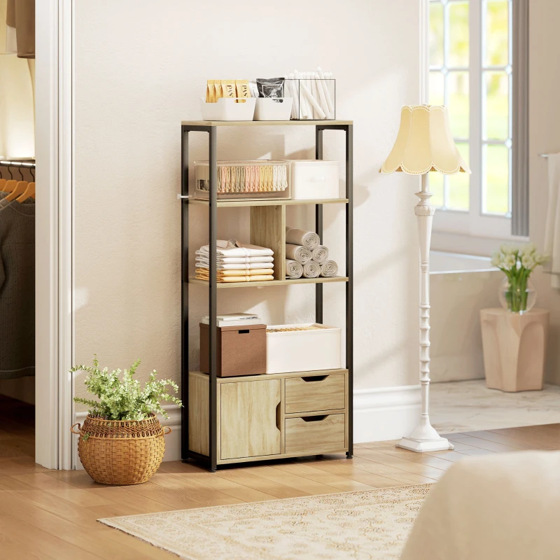HOMCOM Bibliothèque style industriel 3 étagères placard porte 2 tiroirs 58 x 24 x 122 cm effet bois naturel acier noir