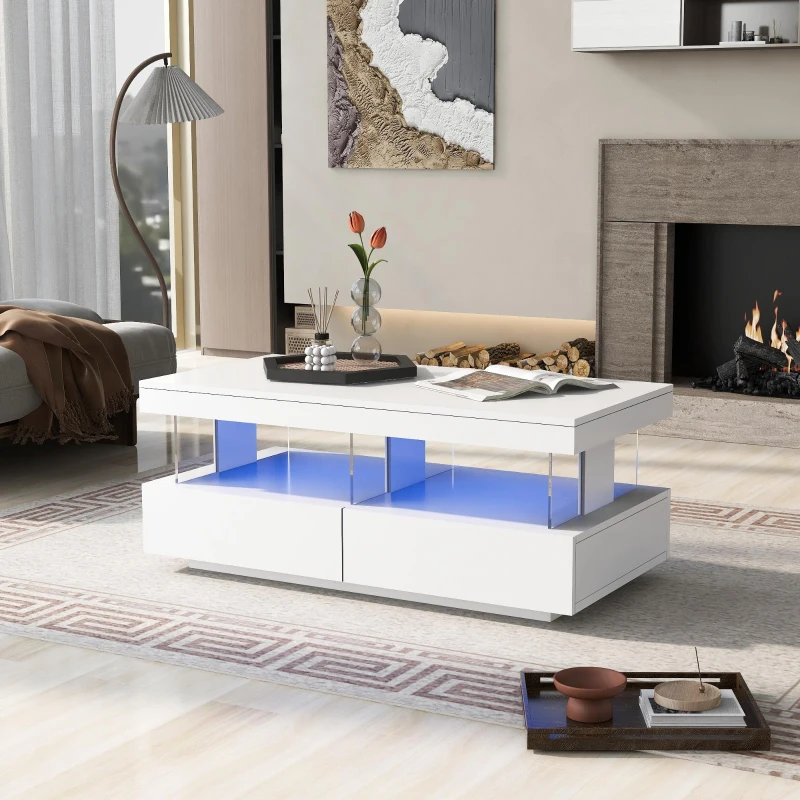 High-Gloss LED Coffee Table with App-Controlled Lights, Modern Center Table with Sleek Contemporary Design, 100L x 60W x 49.5H cm, White