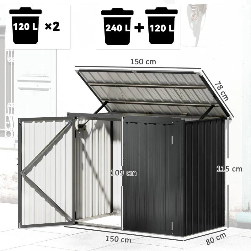 Outsunny Afvalcontainerbox voor 2 containers met slot en openklapbaar deksel - Donkergrijs