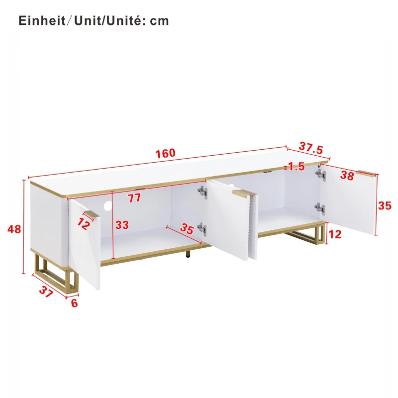 Modern TV Cabinet with 4 Geometric Embossed Doors and Open Top Shelf, Spacious TV Stand with Hidden Storage, 160L x 37.5W x 48H cm, White