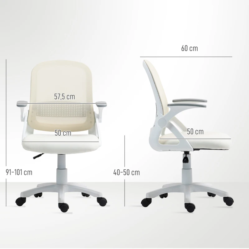 HOMCOM Atmungsaktiver Mesh-Bürostuhl, Ergonomischer Drehstuhl mit klappbaren Armlehnen und Lendenwirbelstütze, Weiß