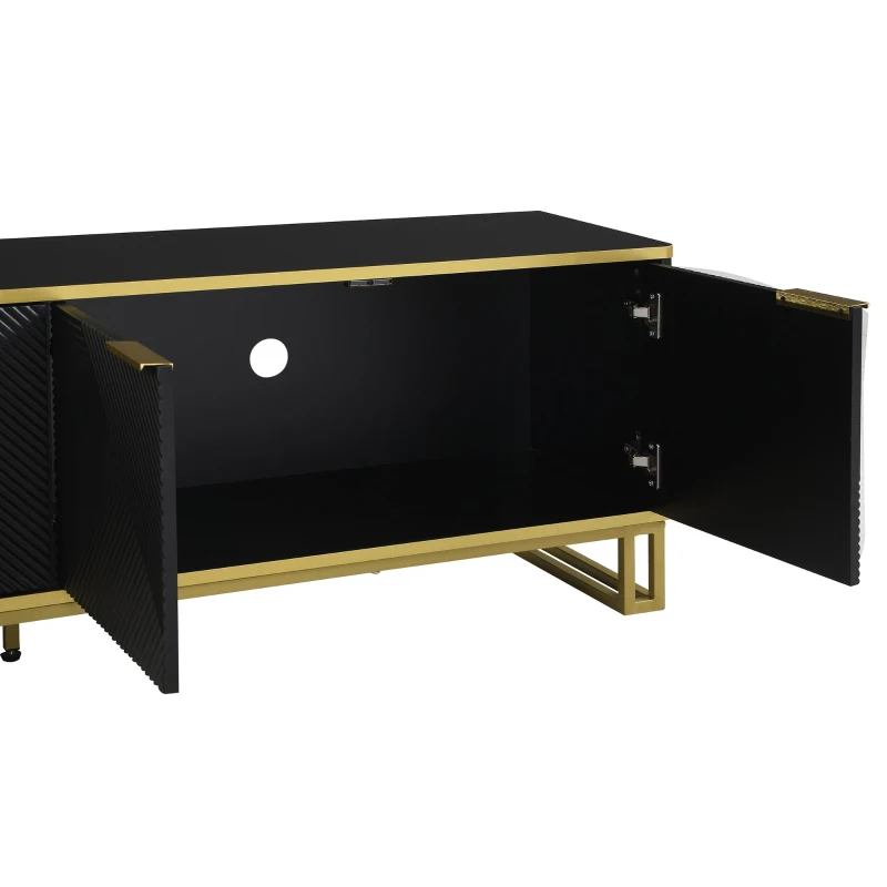 Modern TV Cabinet with 4 Geometric Embossed Doors and Open Top Shelf, Spacious TV Stand with Hidden Storage, 160L x 37.5W x 48H cm, Black