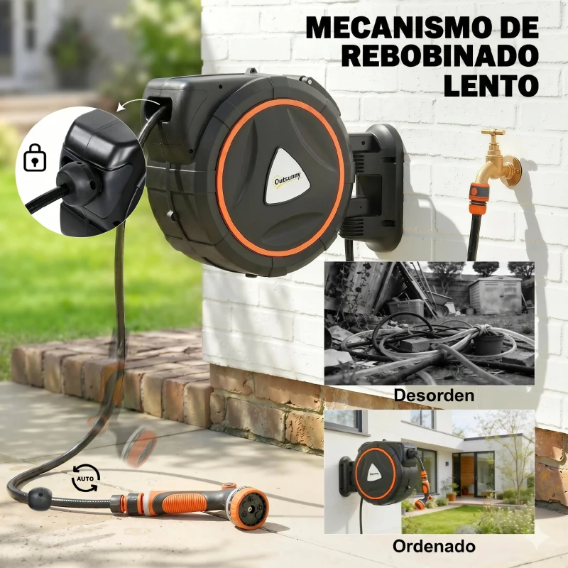 Outsunny Carrete de Manguera Retráctil 28+2 m con 12 Modos de Rociado Bloqueo Automático Retracción Controlada Soporte Naranja