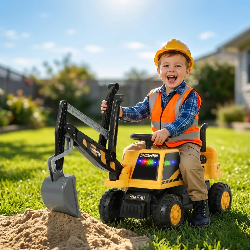 AIYAPLAY Sitzbagger Aufsitzbagger mit Schaufel Lenkrad drehbar Aufbau verstellbar Rückenlehne für Kinder 1,5-3 Jahre Gelb