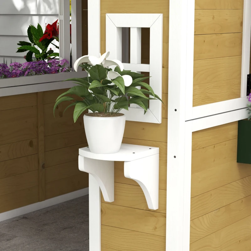 Outsunny Casita de Madera Infantil con Puerta Ventanas Jardineras y Repisas con Detalles de Color 114x126,4x135 cm Natural