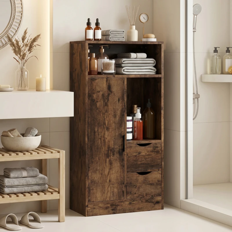 HOMCOM Mueble de Baño Estrecho con Cajones Compartimentos Abiertos Marrón Rústico