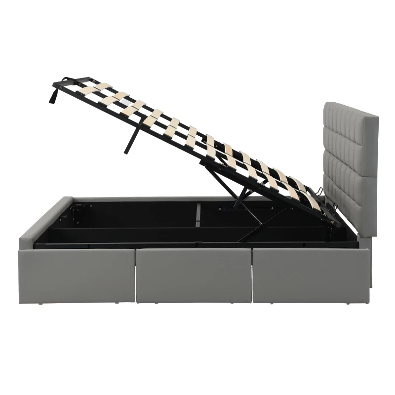 Elegant Upholstered Bed with Hydraulic Lift, Sturdy Storage Bed with 3 Storage Drawers, 202L x 148W x 100H cm, Grey