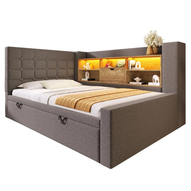 Upholstered Daybed with Pull-Out Trundle and Space-Saving Storage, Versatile Grey Linen Bed Frame with LED Lighting, 204L x 107W x 88H cm, Grey