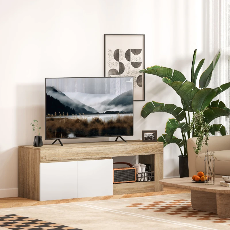 HOMCOM Mobile TV Moderno 60" max con Armadietto 2 Ante e Ripiano Aperto, 140x40x48 cm, Bianco e color Legno