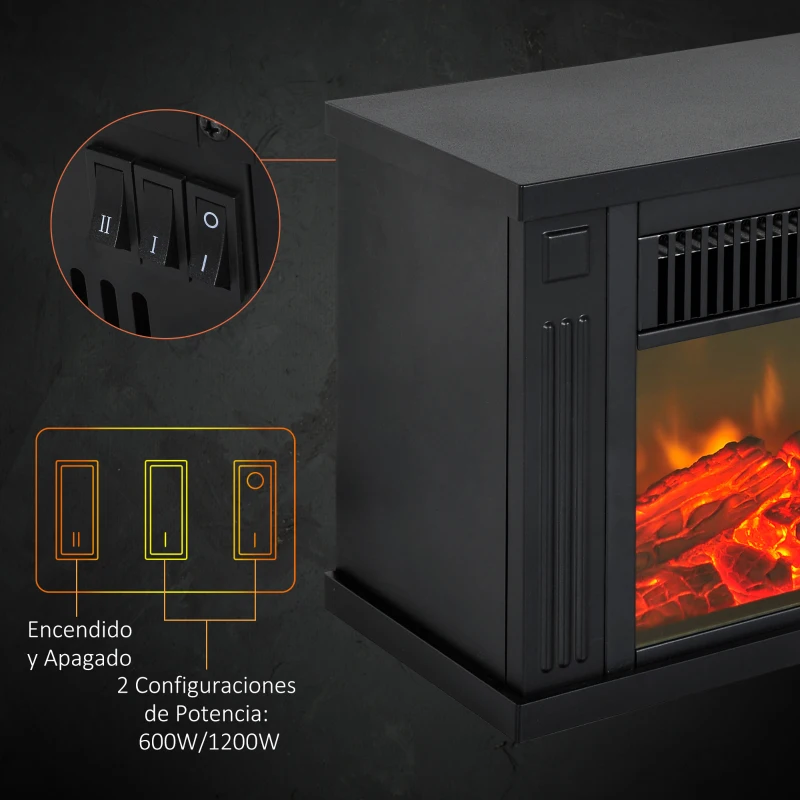 HOMCOM Chimenea Eléctrica 600/1200W Chimenea Decorativa de Mesa Chimenea Portátil con Efecto Llama Realista Protección Contra Sobrecalentamiento para 10-15 m² 34x17x25 cm Negro