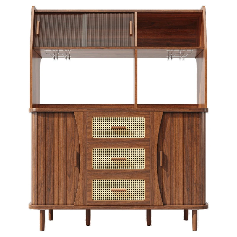 Rattan-Look Front Sideboard with Smooth-Running Glass Sliding Doors, Space-Saving Storage Cabinet with 3 Drawers, 140L x 40.5W x 174.5H cm, Walnut