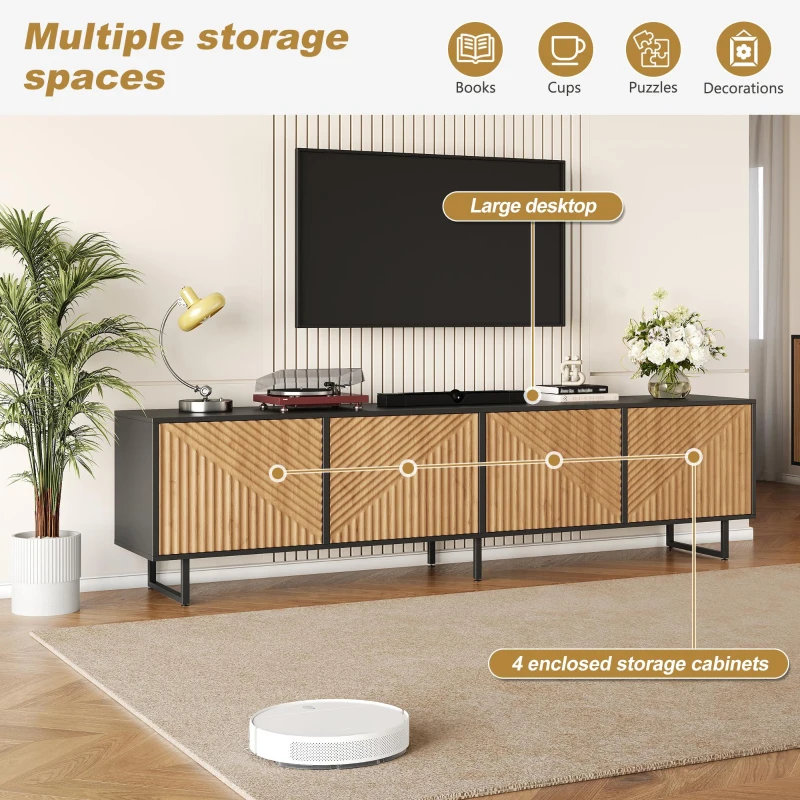 Modern 180cm TV Stand with Diagonal Fluted Doors, Industrial-Style Lowboard for up to 80-Inch TVs, 180L x 40W x 50H cm, Black+Wood