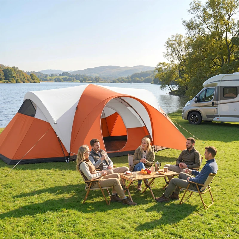 Outsunny Tenda da Campeggio 7 Posti con Portico, Impermeabile 3000mm con Borsa di Trasporto, Arancione