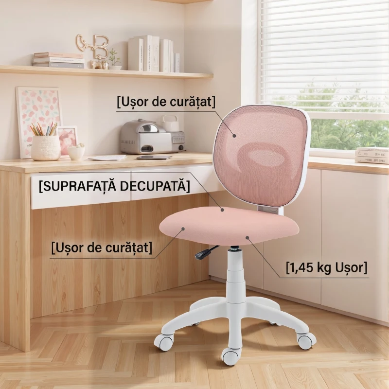 HOMCOM Scaun de Birou Ergonomic Rotativ din Material Tip Plasă Respirabil Fără Brațe, Înălțime Reglabilă, Roz