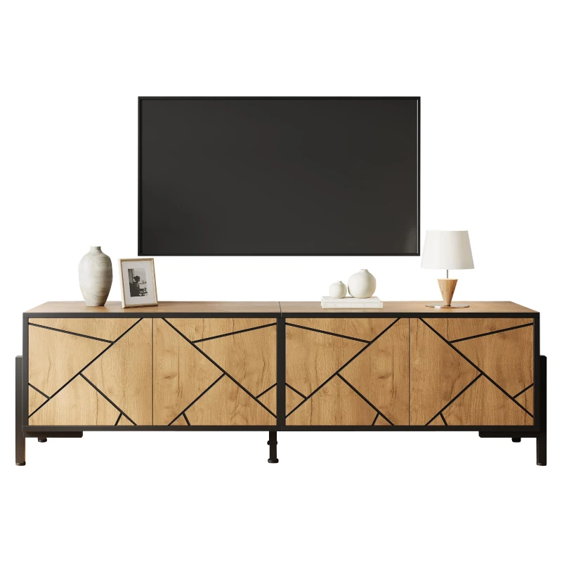 Geometric Wood TV Stand with Bold Geometric Doors, Modern Industrial Unit with Adjustable Shelves, 153L x 40W x 50H cm, Rustic Brown