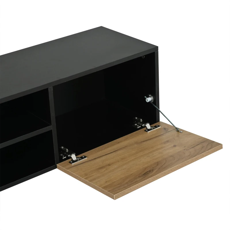 Modern Geometric TV Cabinet with Herringbone Fronts, Industrial-Style TV Stand with Solid Wood Legs, 180L x 33.5W x 45H cm, Black+Oak