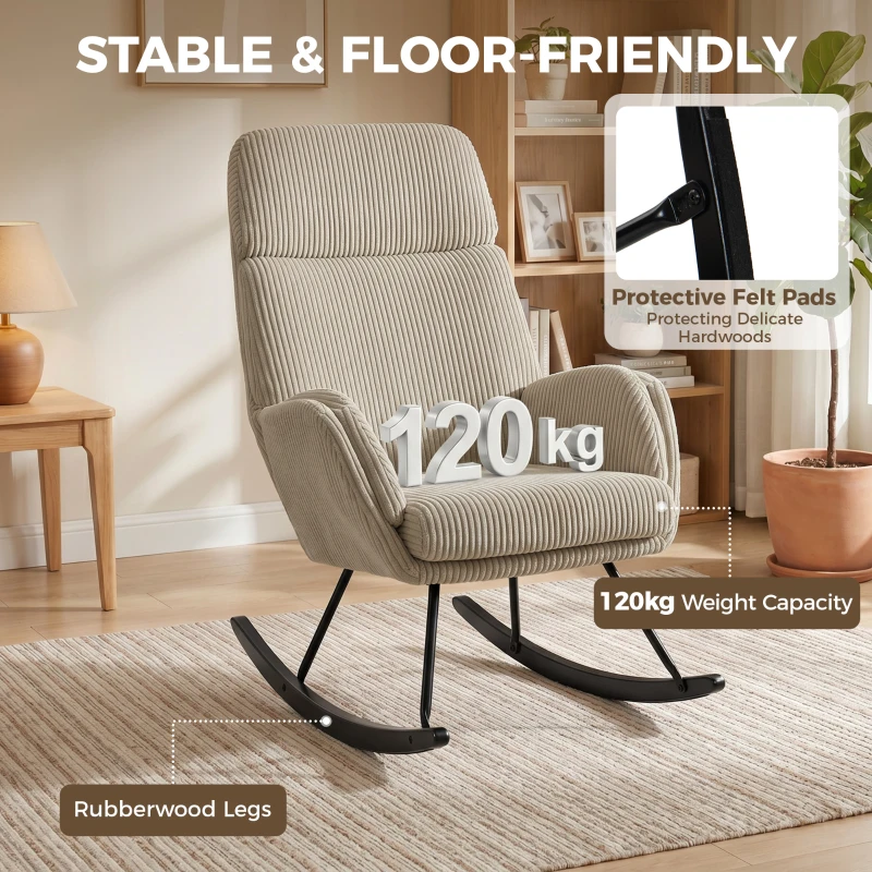 HOMCOM Fauteuil à Bascule, Rocking Chair en Velours Côtelé avec Dossier Haut et Accoudoirs, Pieds en Bois d'hévéa, Beige