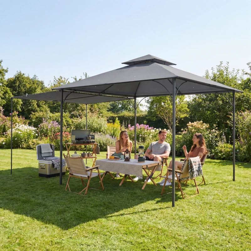 Outsunny Pavillon 3,2x3,2 m Stabil Winterfest Gartenpavillon mit ausziehbaren Dachüberstand, Doppeldach Dunkelgrau
