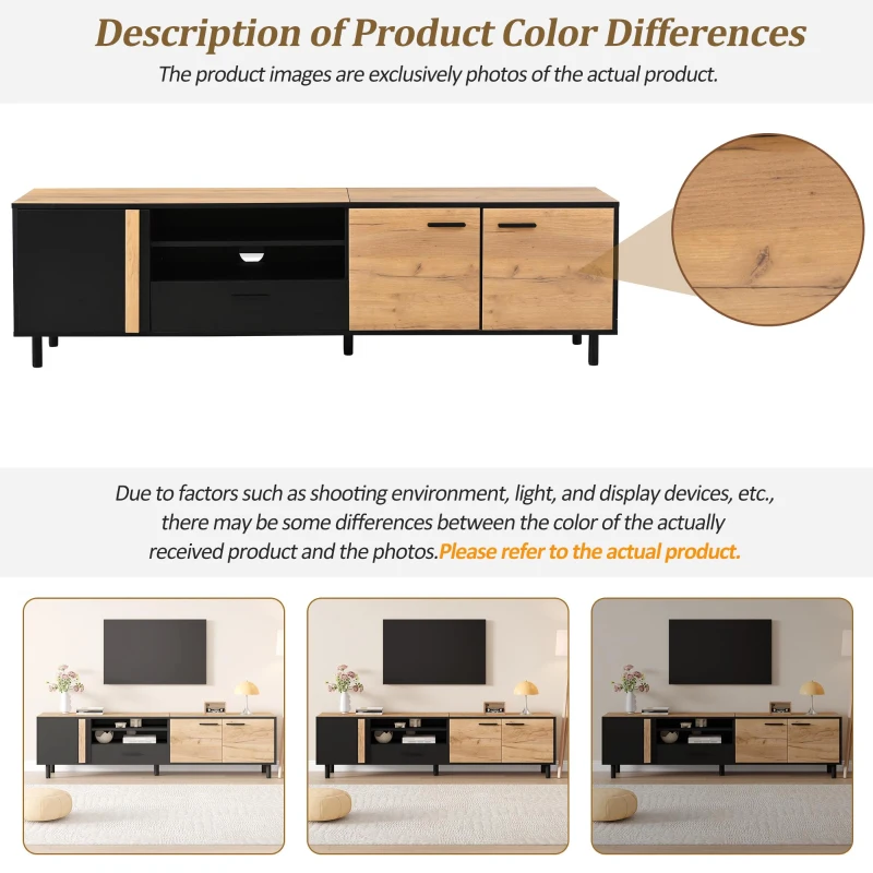 Modern 180cm TV Stand with Ample Concealed Storage, Low-Profile Entertainment Centre for TVs up to 80 Inches, 180L x 32.5W x 50H cm, Black+Wood