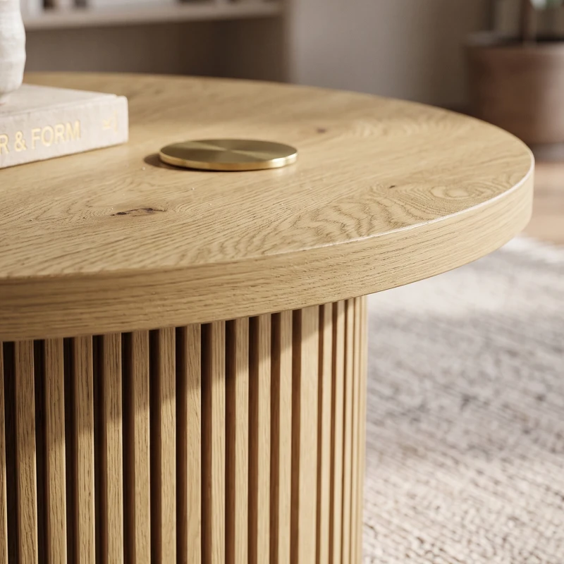 HOMCOM Table basse ronde en bois, table de salon avec piètement cannelé, style moderne, effet bois naturel