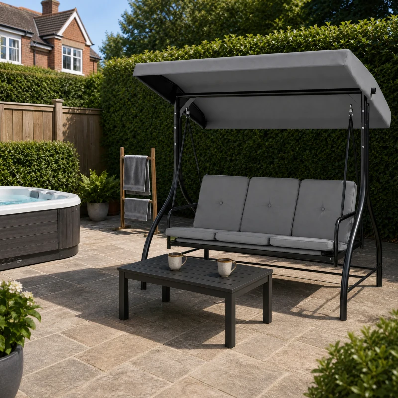 Outsunny 3 Seater Canopy Swing Chair, 2 in 1 Garden Swing Seat Bed, with Adjustable Canopy and Metal Frame, Light Grey